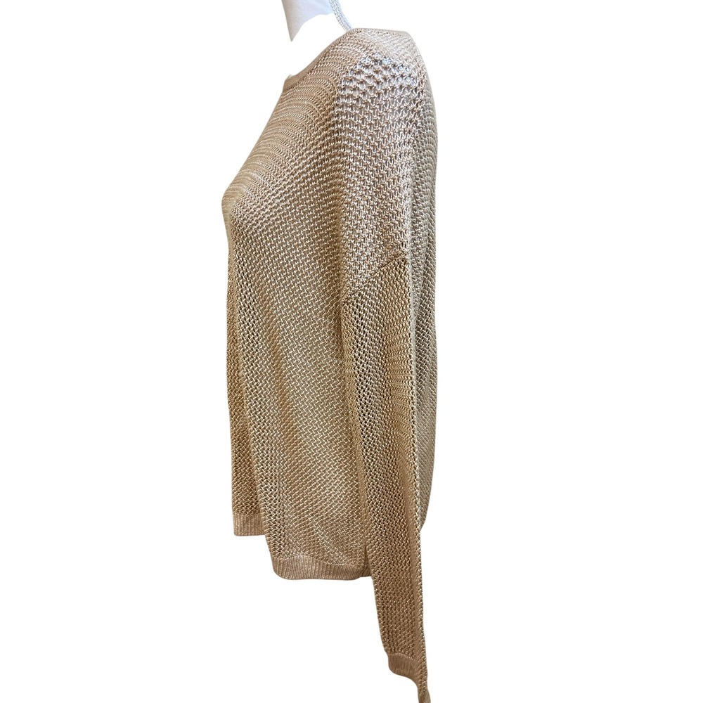 MINNIE ROSE Gold Mesh Sweater Sz L Metallic Tan Crochet Knit Hampton Boho Beachy - Picture 8 of 13